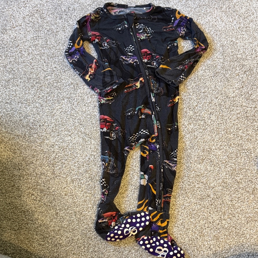 Black Car-Print Footed One-Piece Pajama for Kids